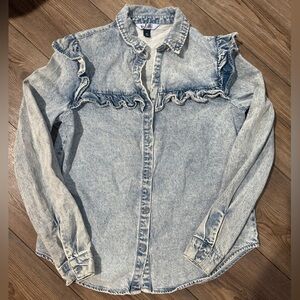 Vylette Acid Wash Denim Jacket Women’s Medium Ruffle Hem Button Front